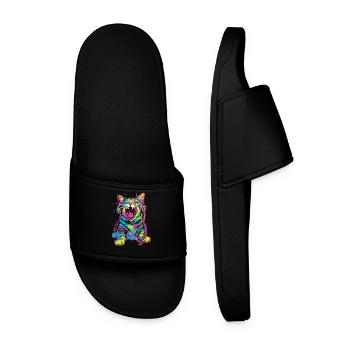 Colorful cat with headphones in retro style - Men’s Pool Sliders - black - Front