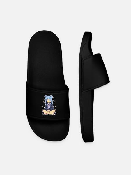 Kawaii Blue-Haired Girl Illustration - Men’s Pool Sliders - black