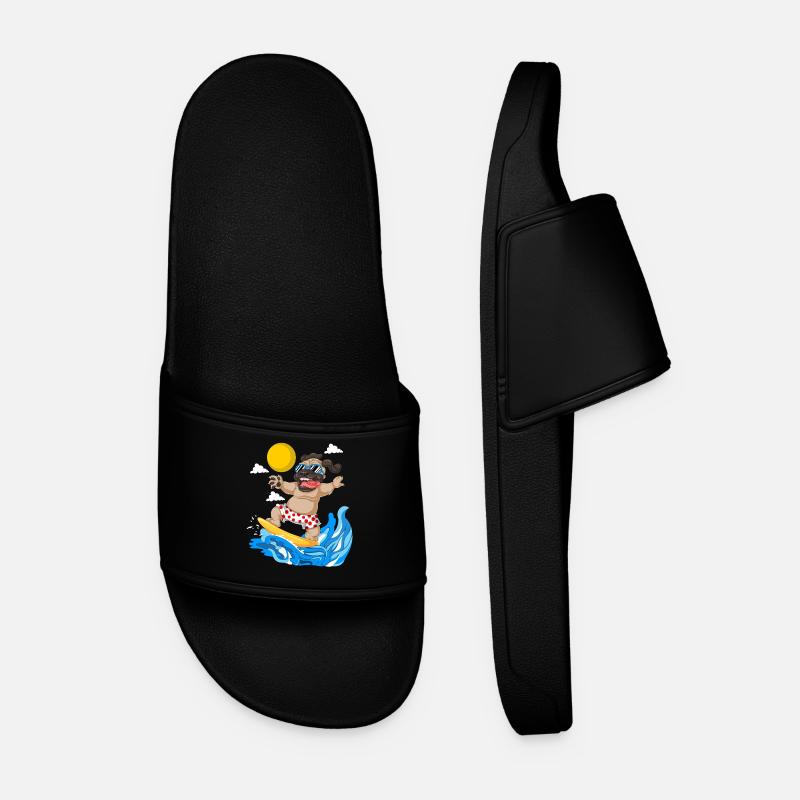 Pug Surfing Summer Beach Tee - Men’s Pool Sliders - black