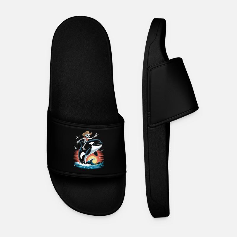 Skeleton cowboy on orca waves scene - Men’s Pool Sliders - black