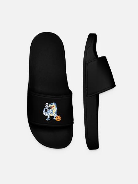 Skeleton Riding Mummy Dinosaur Halloween Tee - Men’s Pool Sliders - black