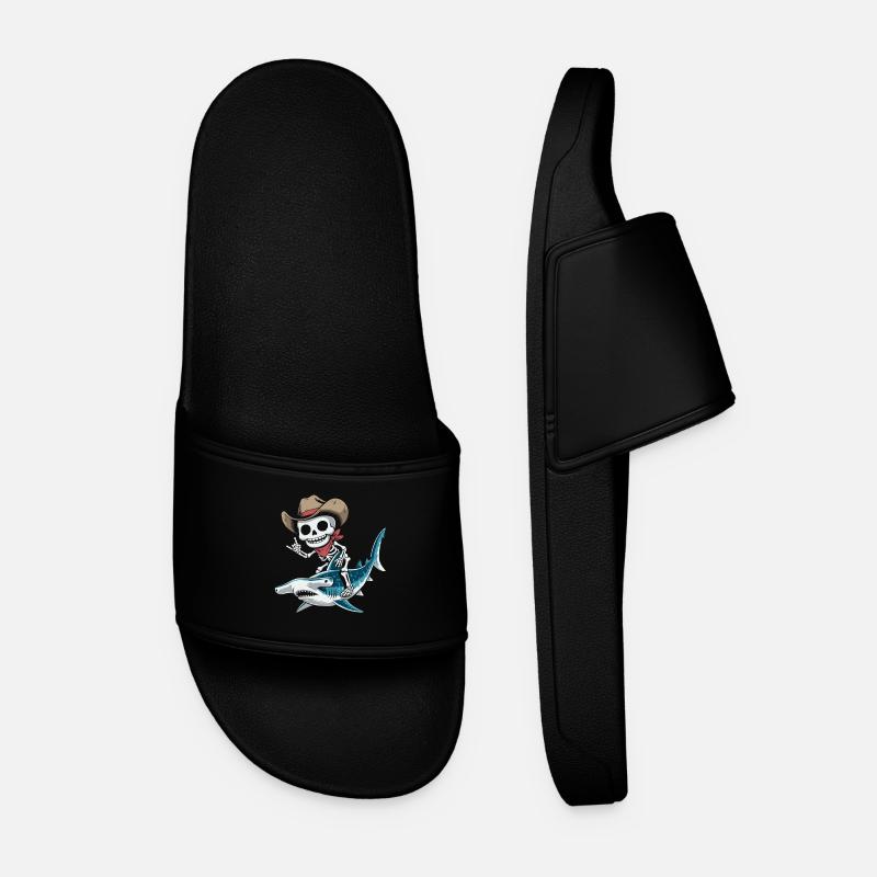 Skeleton cowboy riding hammerhead shark - Men’s Pool Sliders - black