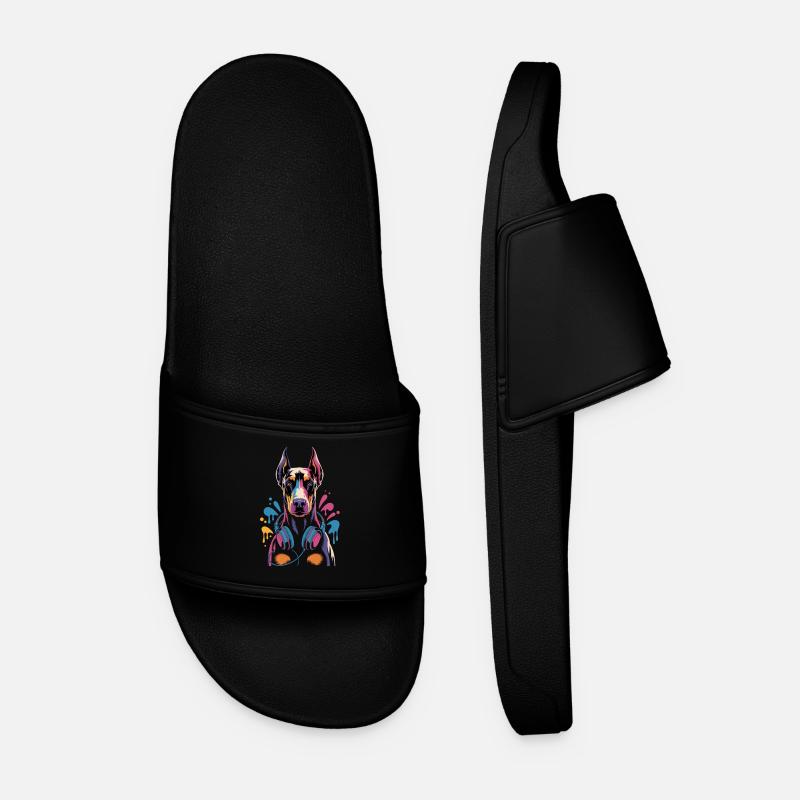 Doberman with headphones - Men’s Pool Sliders - black
