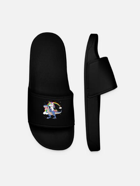 Unicorn Riding Dinosaur Funny Magical T-Rex Gift - Men’s Pool Sliders - black