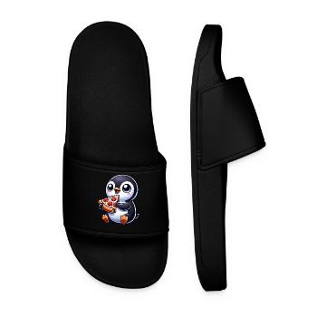 Cute Penguin Pizza Pizza Cartoon Drawing - Men’s Pool Sliders - black - Front