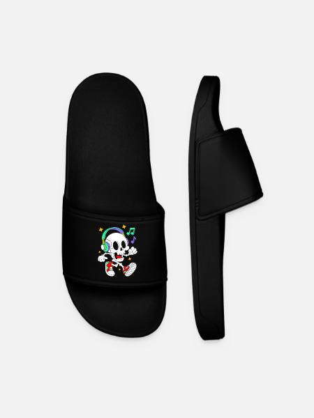 Music Loving Skeleton with Headphones - Men’s Pool Sliders - black