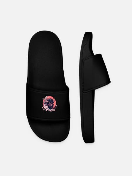 Bison with cherry blossoms - Men’s Pool Sliders - black