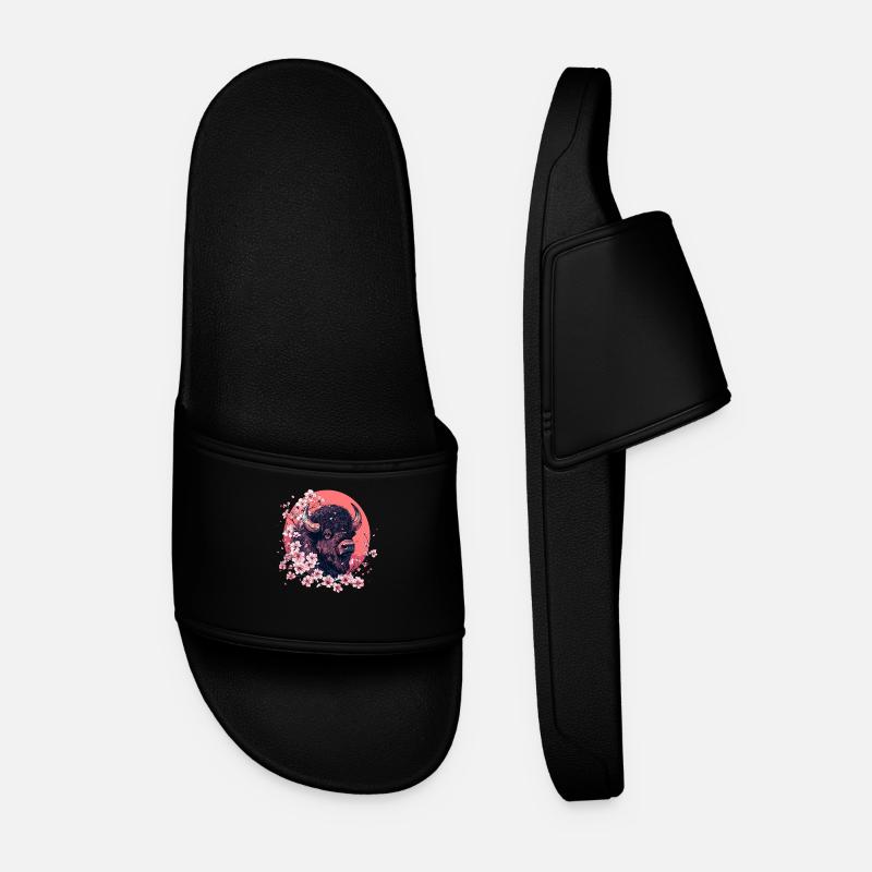 Bison with cherry blossoms - Men’s Pool Sliders - black