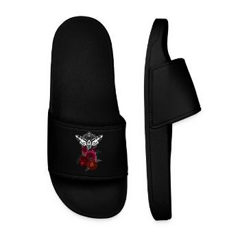 Geometric Moth Over Rose Bouquet - Men’s Pool Sliders - black - Front