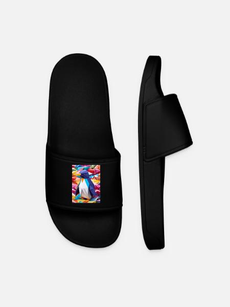 Rainbow Waddle - Origami Penguin - Men’s Pool Sliders - black