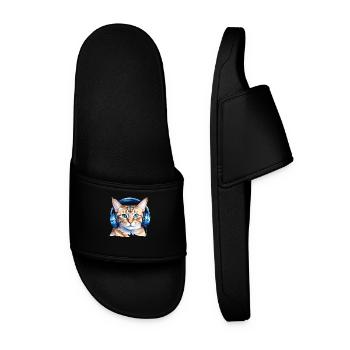 Funny cat with headphones - Men’s Pool Sliders - black - Front