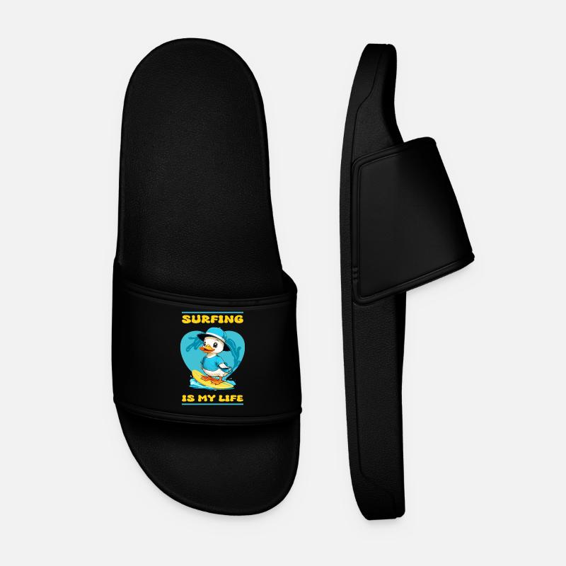 Cute Surfer Duck - Men’s Pool Sliders - black