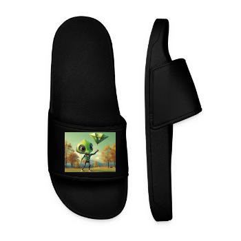 cute little green retro vintage alien fly a kite - Men’s Pool Sliders - black - Front