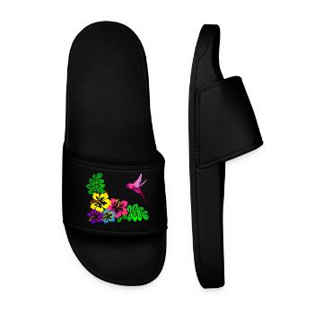Tropical Hibiscus Motif Hummingbird - Men’s Pool Sliders - black - Front