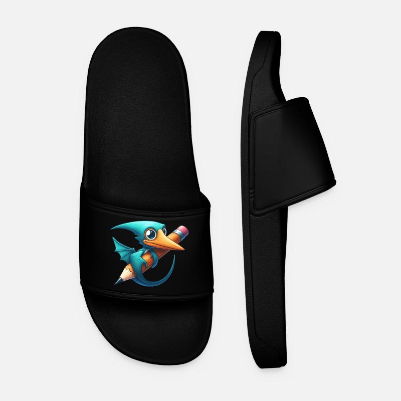 Pterodactyl Pencil Kawaii Pterosaur Dino - Men’s Pool Sliders - black