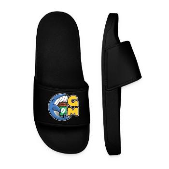 Web3 whale with a coffee that says Good Morning - Men’s Pool Sliders - black - Front