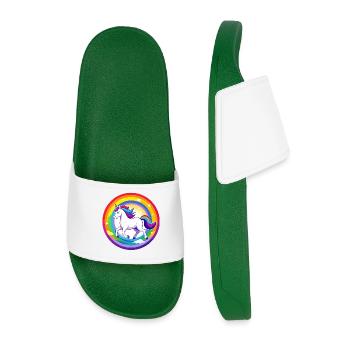 Unicorn Flying Over Rainbow Sky Motif - Men’s Pool Sliders - dark green - Front