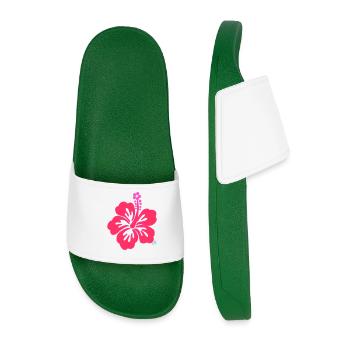 Bright Pink Tropical Hibiscus Flower - Men’s Pool Sliders - dark green - Front