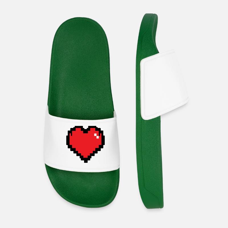 Retro Red Pixel Heart - Men’s Pool Sliders - dark green