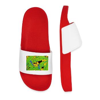 Tropical Birds in Green Foliage - Men’s Pool Sliders - red - Front