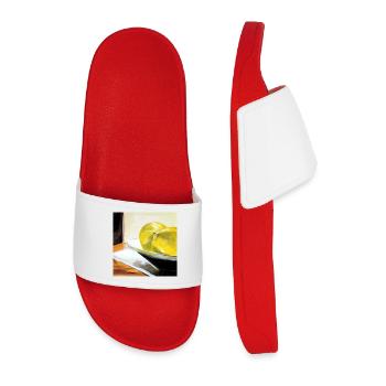 still life lemon painting art yellow canvas oil - Men’s Pool Sliders - red - Front