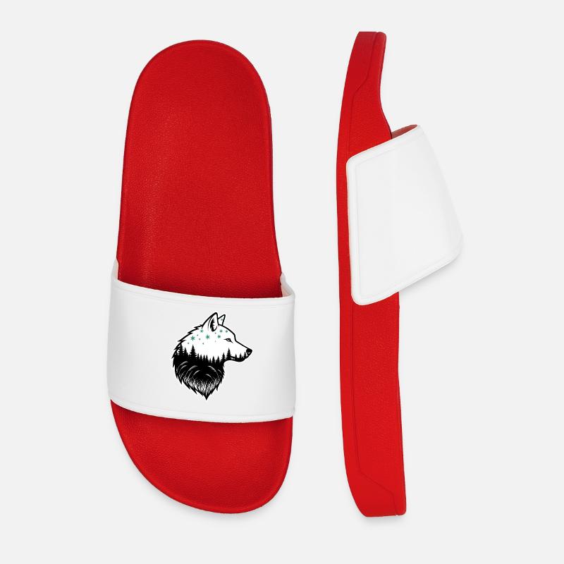 Wolf Silhouette Night Forest Design - Men’s Pool Sliders - red