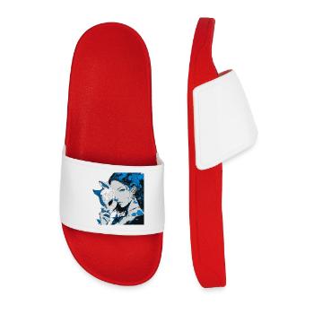 Young woman blue mask portrait with flowers - Men’s Pool Sliders - red - Front