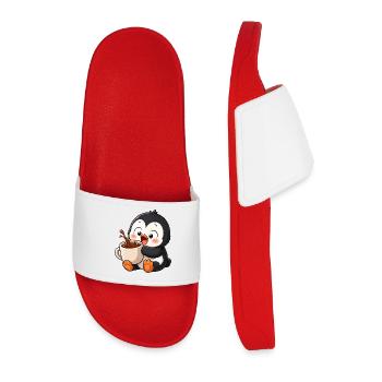 Cute Penguin Coffee Coffee Lover Mugs - Men’s Pool Sliders - red - Front