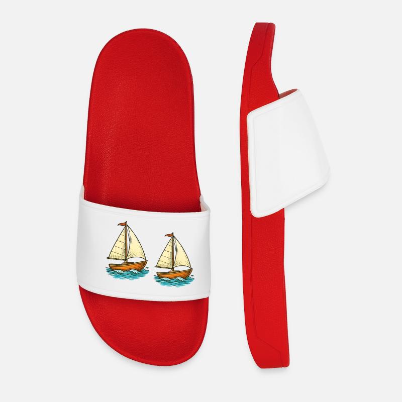 Zwei Segelboote - Männer Badelatschen - Rot