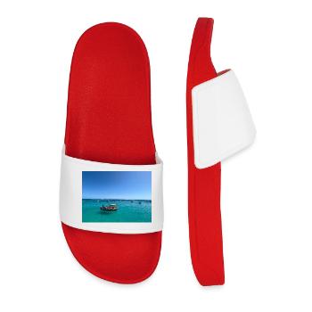 Turquoise Sea and Boats - Men’s Pool Sliders - red - Front