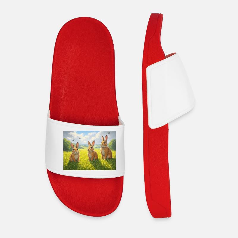 Trois lapins dans le champ de printemps - Claquettes Homme - rouge
