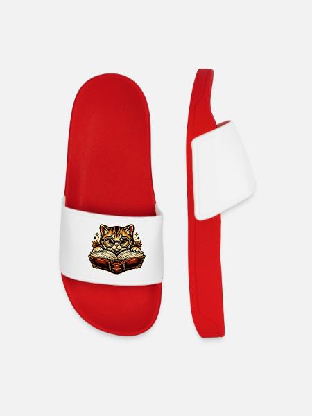 Kitten with glasses reading - Men’s Pool Sliders - red