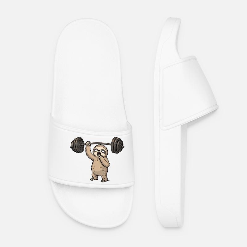 Fitness sloth with barbell in comic style - Women’s Pool Sliders - white