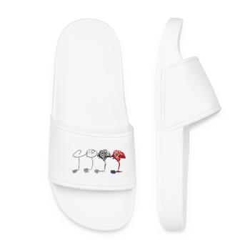 Pink Flamingo in Bold, by WingsOnMyBrush - Women’s Pool Sliders - white - Front