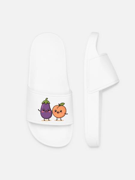 Illustration mignonne d’aubergine et de pêche - Claquettes Femme - blanc