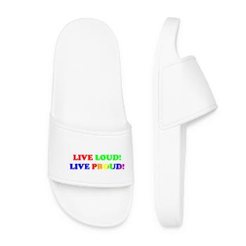 Live Loud - Live Proud - LGBTQ+ - gay - lesbian - Women’s Pool Sliders - white - Front
