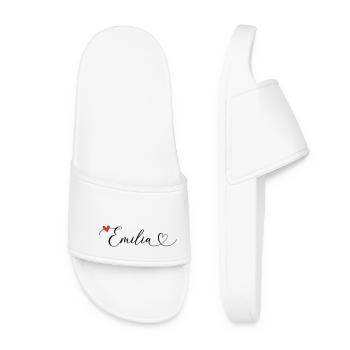 Emilia Surname First name Calligraphy Heart - Women’s Pool Sliders - white - Front