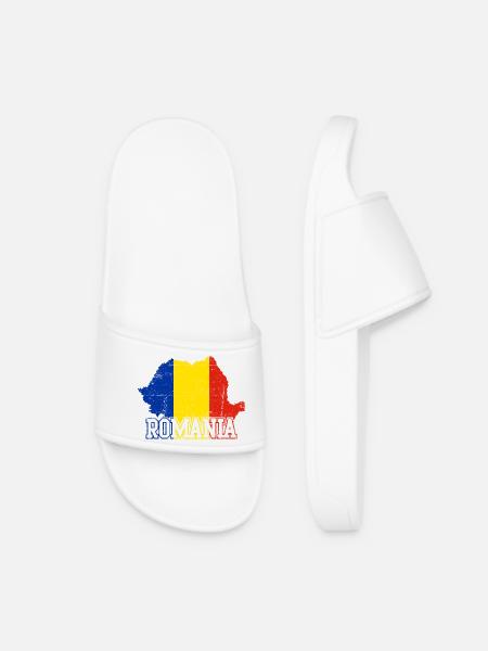 Romania Map Flag Emblem - Women’s Pool Sliders - white