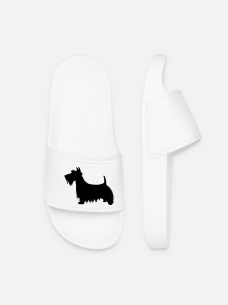 A silhouette illustration of a Scots Terrier Dog - Women’s Pool Sliders - white