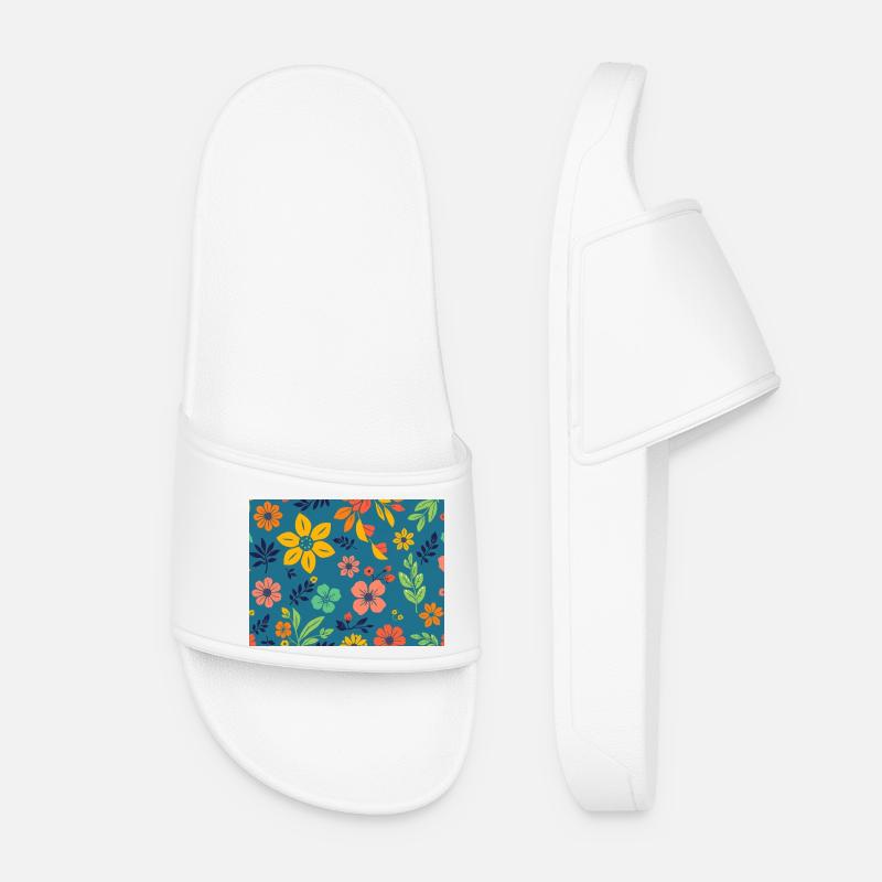 Blumenmuster im Retro-Stil auf Dunkelblau - Frauen Badelatschen - Weiß