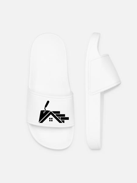Maurer Logo mit Hauskontur, Kelle & Ziegelsteinen - Frauen Badelatschen - Weiß