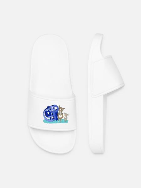Doctor Lama with Blue Letters - Women’s Pool Sliders - white