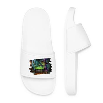 Un petit magicien prépare une potion magique dans un chaudron - Claquettes Femme - blanc - Devant