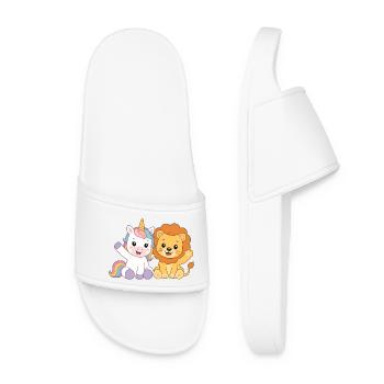 Unicorn and Lion – Cute Kindergarten Friends - Women’s Pool Sliders - white - Front