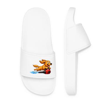 Dog Flying With Leaf Blower Jetpack - Women’s Pool Sliders - white - Front