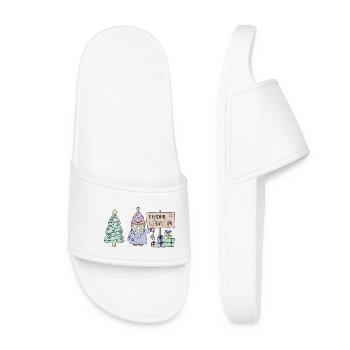 Weihnachts-Wichtel mit Geschenken und Tannenbaum - Frauen Badelatschen - Weiß - Vorne