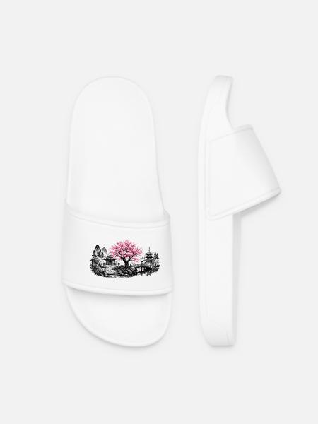 Japanese Cherry Blossom Temple Garden - Women’s Pool Sliders - white