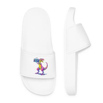 T-Rex with a ghetto blaster in 90s neon style - Women’s Pool Sliders - white - Front