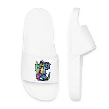 Surf Alligator mit Boombox und Surfboard Cartoon - Frauen Badelatschen - Weiß - Vorne