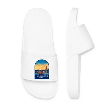 Hong Kong Junk Boat Skyline Retro Travel Badge - Women’s Pool Sliders - white - Front
